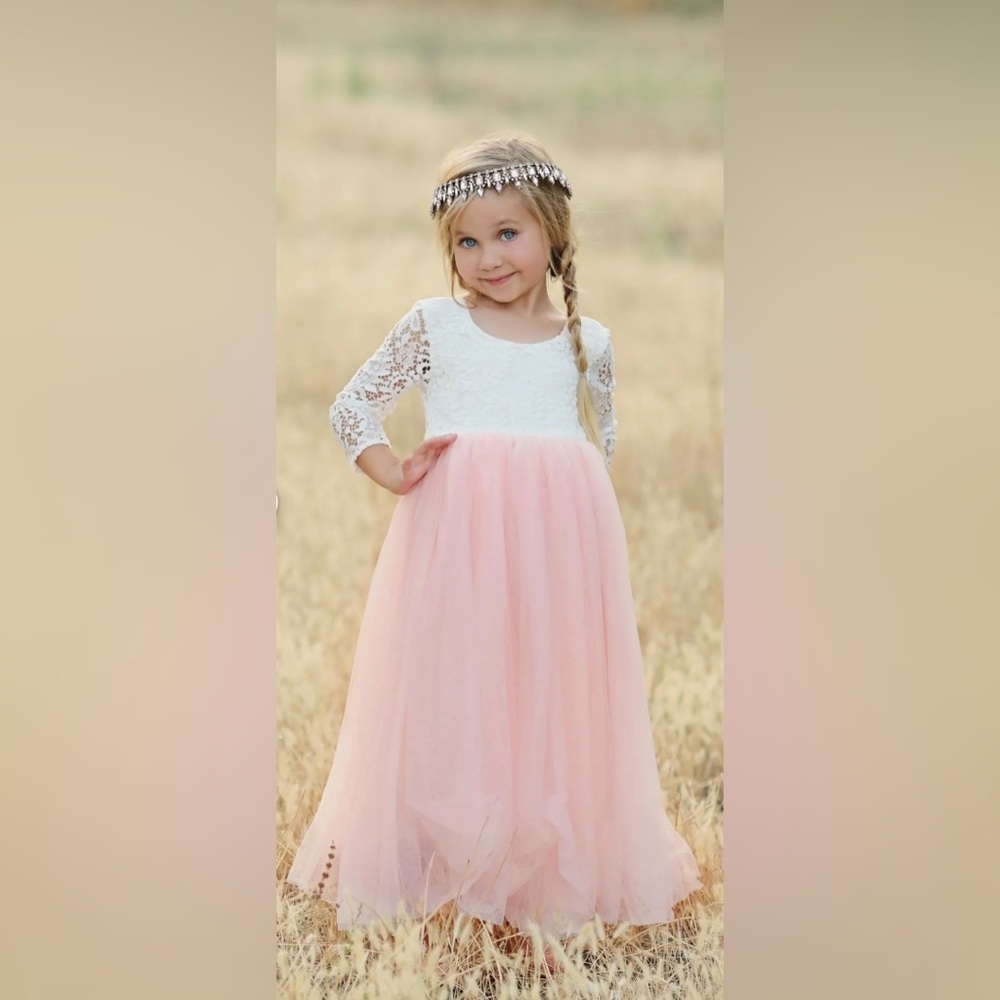 Girls White Lace and Pink Tulle Long Sleeve Flower Girl Special Occasion Dress